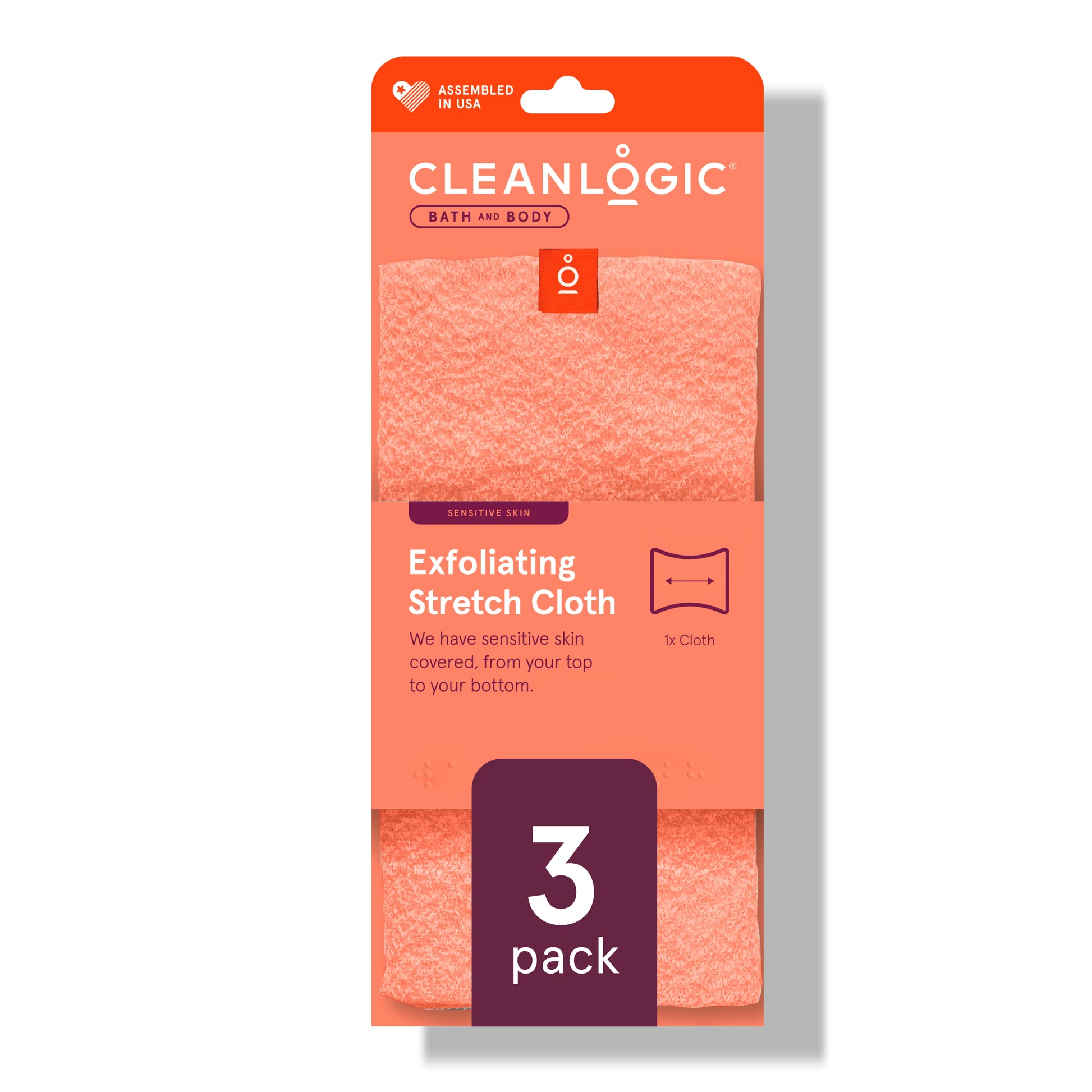 Bath and Body Sensitive Skin Exfoliating Stretch Cloth, Assorted Colors, 3 Count, Assembled in USA
