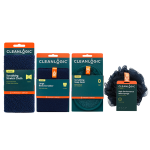 Cleanlogic For Him Sport set: Scrubbing Stretch Cloth, Large Body Scrubber, Scrubbing Soap Saver and High-Performance Mesh Sponge in their packaging.