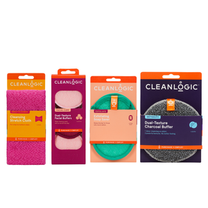 Cleanlogic For Everyone set: Cleansing Stretch Cloth, Dual-Texture Facial Buffers, Exfoliating Soap Saver and Dual-Texture Charcoal Buffer in their packaging.