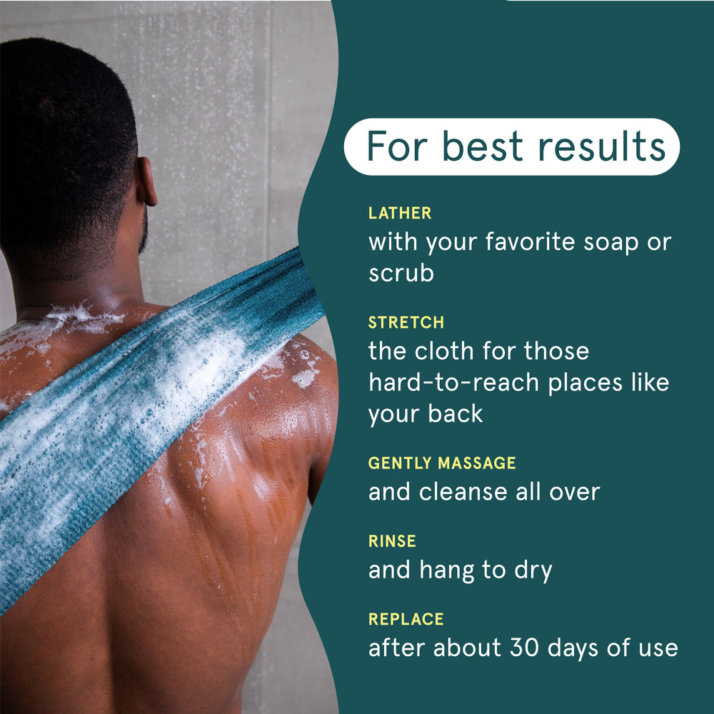 Cleanlogic For Him Sport set: Scrubbing Stretch Cloth, Large Body Scrubber, Scrubbing Soap Saver and High-Performance Mesh Sponge in their packaging.