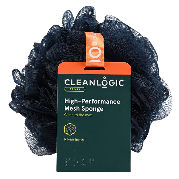 Black mesh sponge with Cleanlogic label on a white background