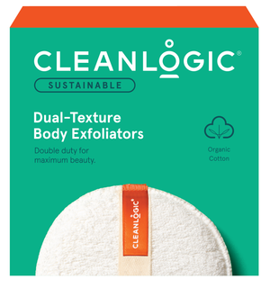 A packaged Cleanlogic brand body exfoliator with dual-texture, predominantly white with green accents and the product visible at the bottom.