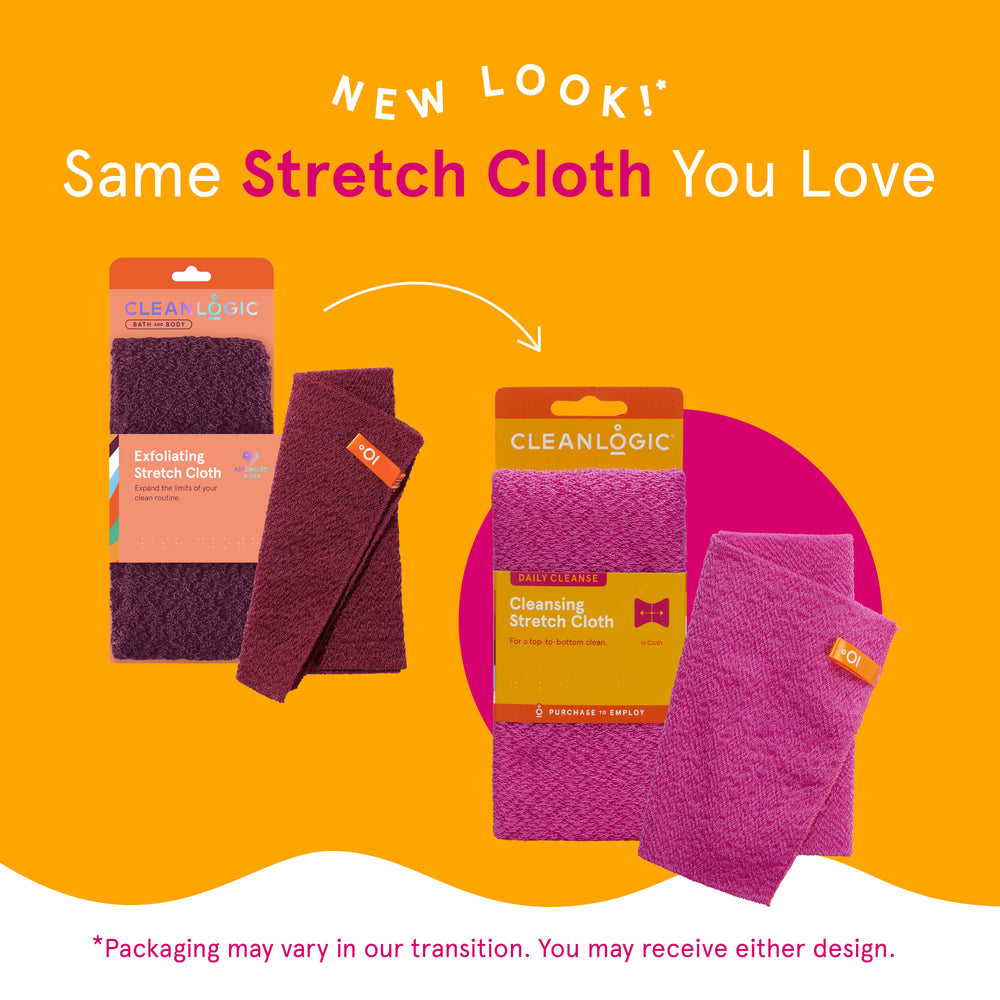 A pack of three Cleanlogic exfoliating stretch cloths in assorted colors (orange and teal), displayed in front of their packaging.