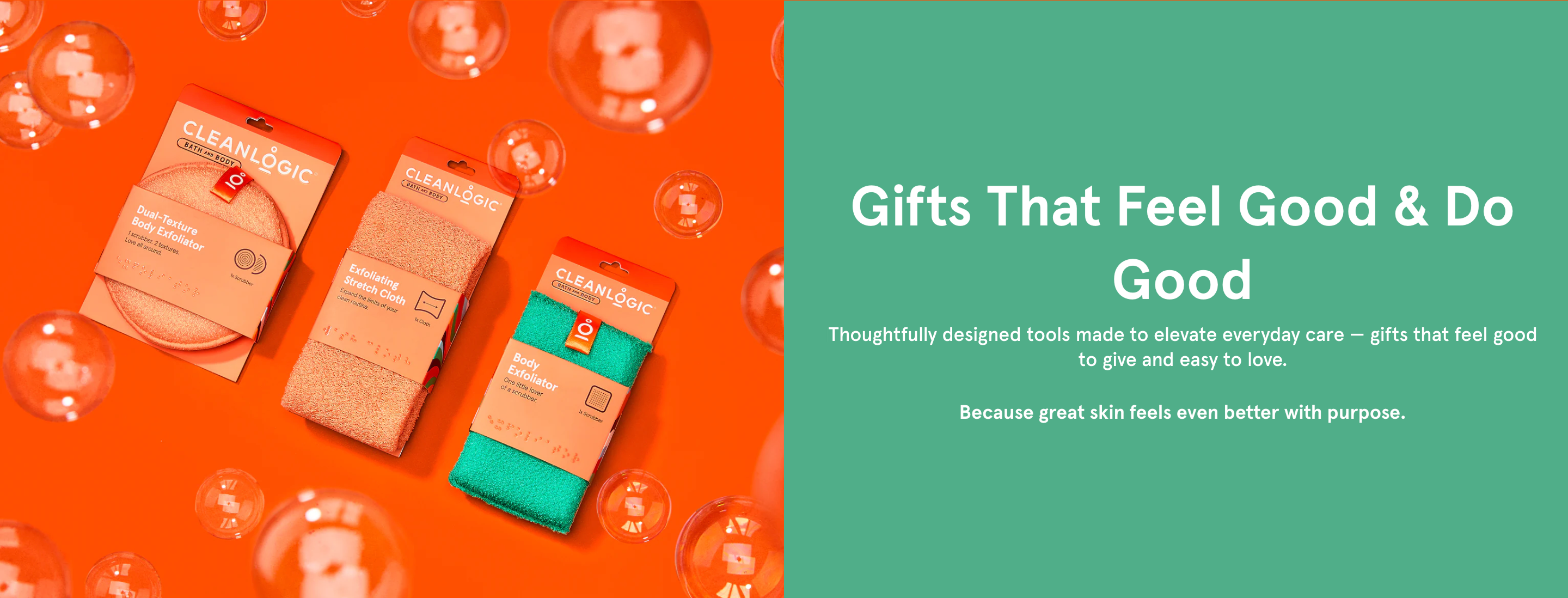 Three skincare product packages on an orange background with a green text box about gifts that feel good and do good.