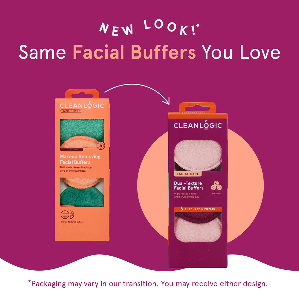 Dual-Texture Facial Buffers from Cleanlogic Body Care — a gentle facial exfoliator for smoother, brighter-looking skin.