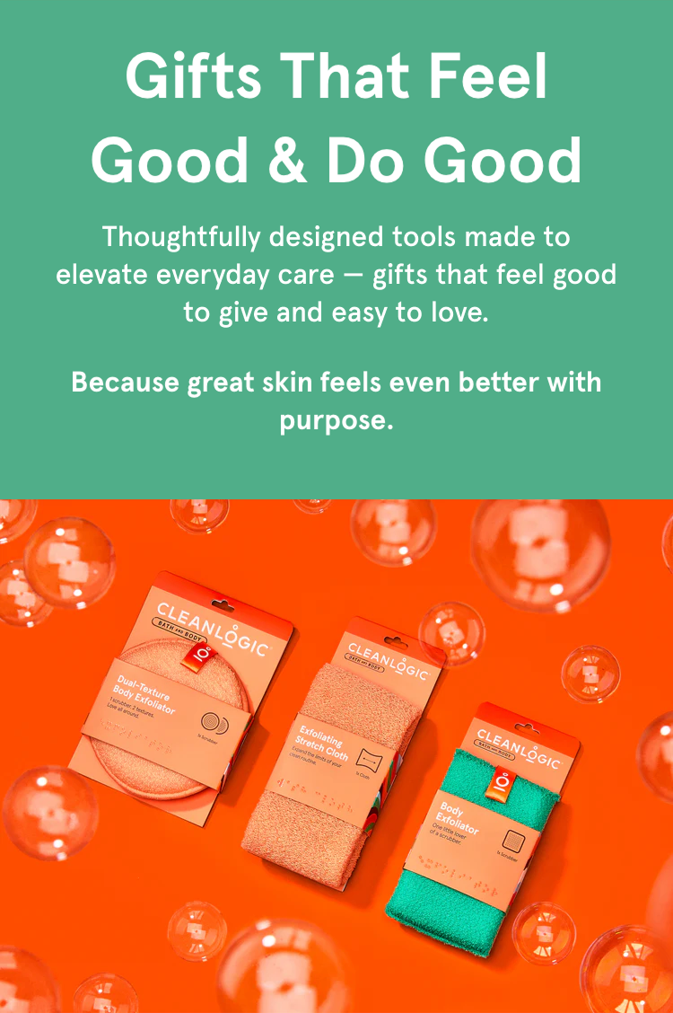Three packages of Clean & Clear on an orange background with bubbles, featuring text about thoughtful gifts.