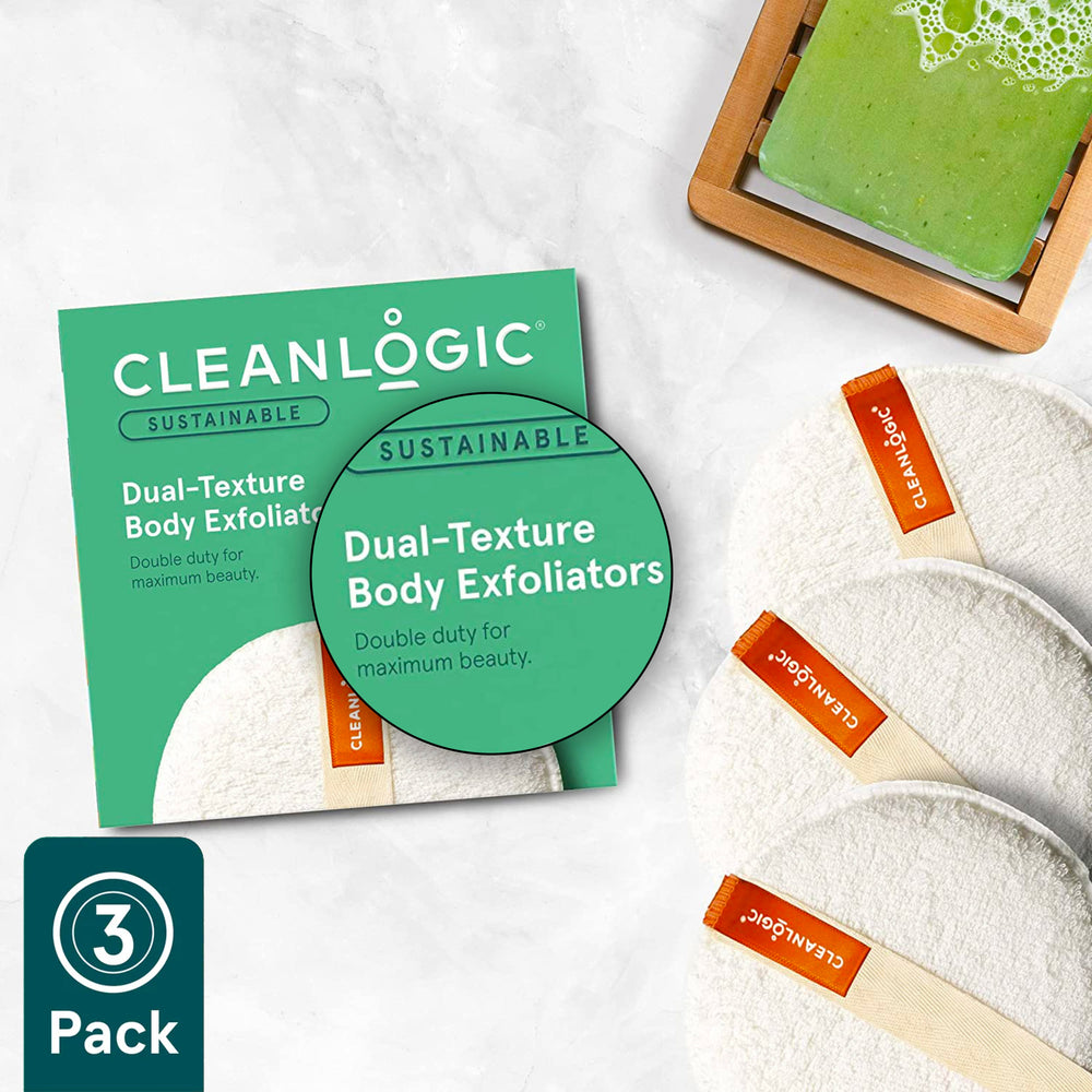 A packaged Cleanlogic brand body exfoliator with dual-texture, predominantly white with green accents and the product visible at the bottom.