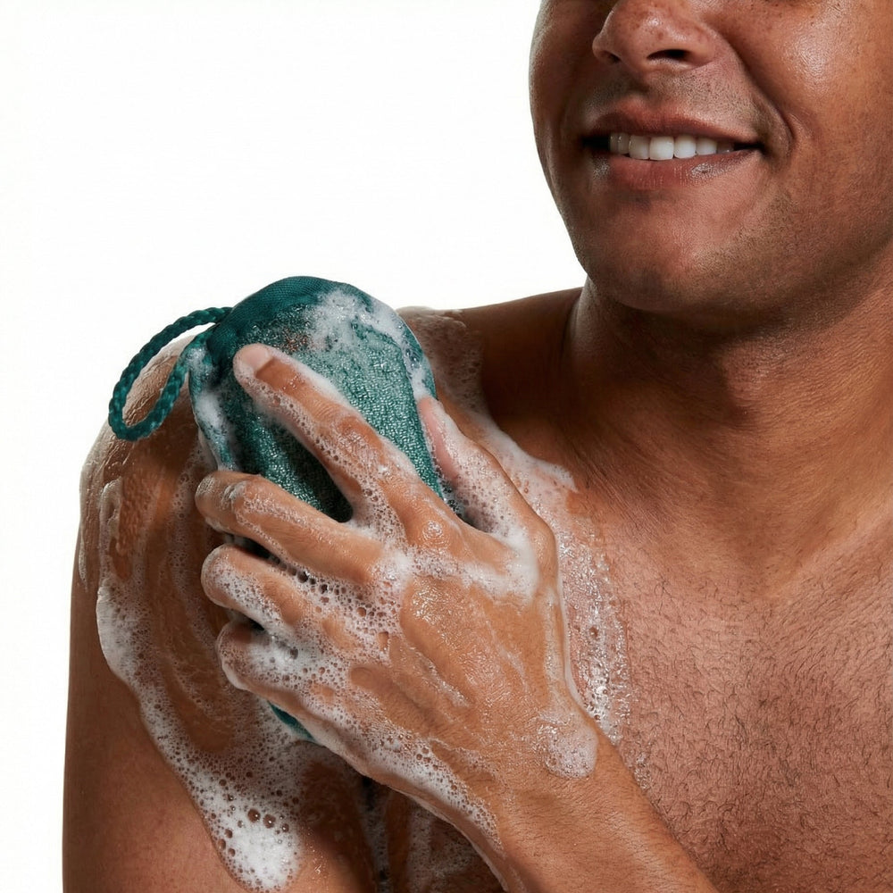 blue soap saver on male model shower