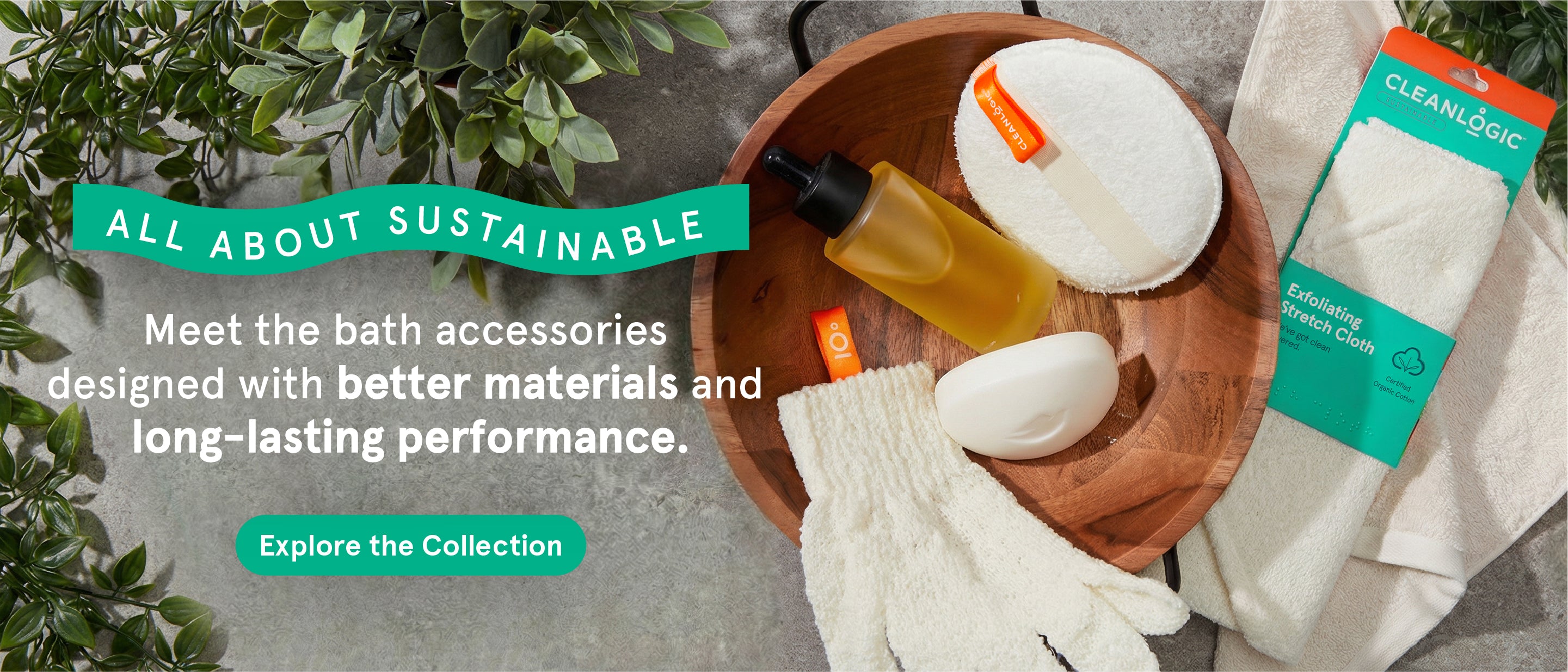 Bath accessories on a wooden tray with text about sustainable materials and performance.