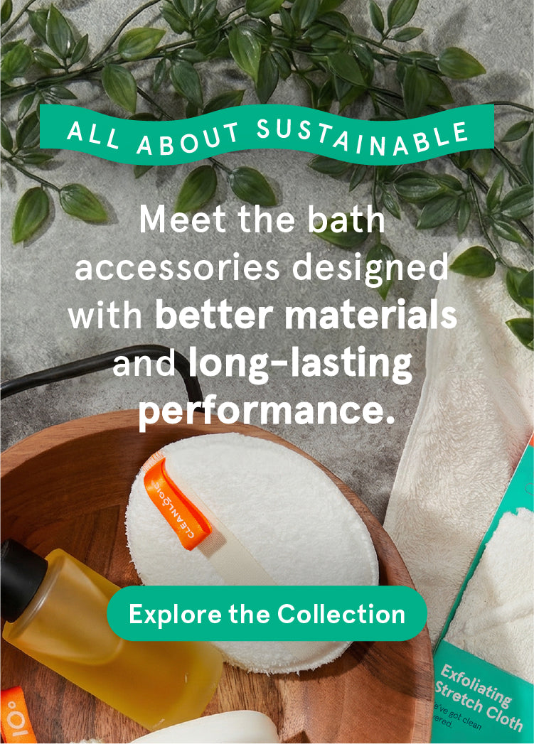 Bath accessories with text about sustainable design and materials.