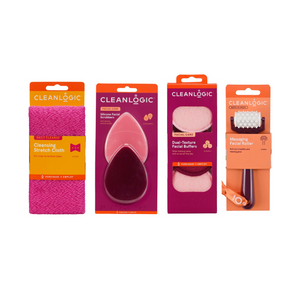 Cleanlogic For Her set: Exfoliating Stretch Cloth, Silicone Facial Scrubbers, Dual-Texture Facial Buffers and Massaging Facial Roller in their packaging.