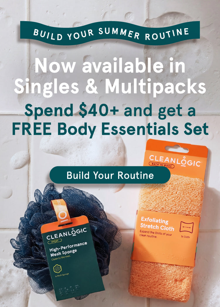 Promotional image of CleanLogic bath products with text overlay on a tiled background