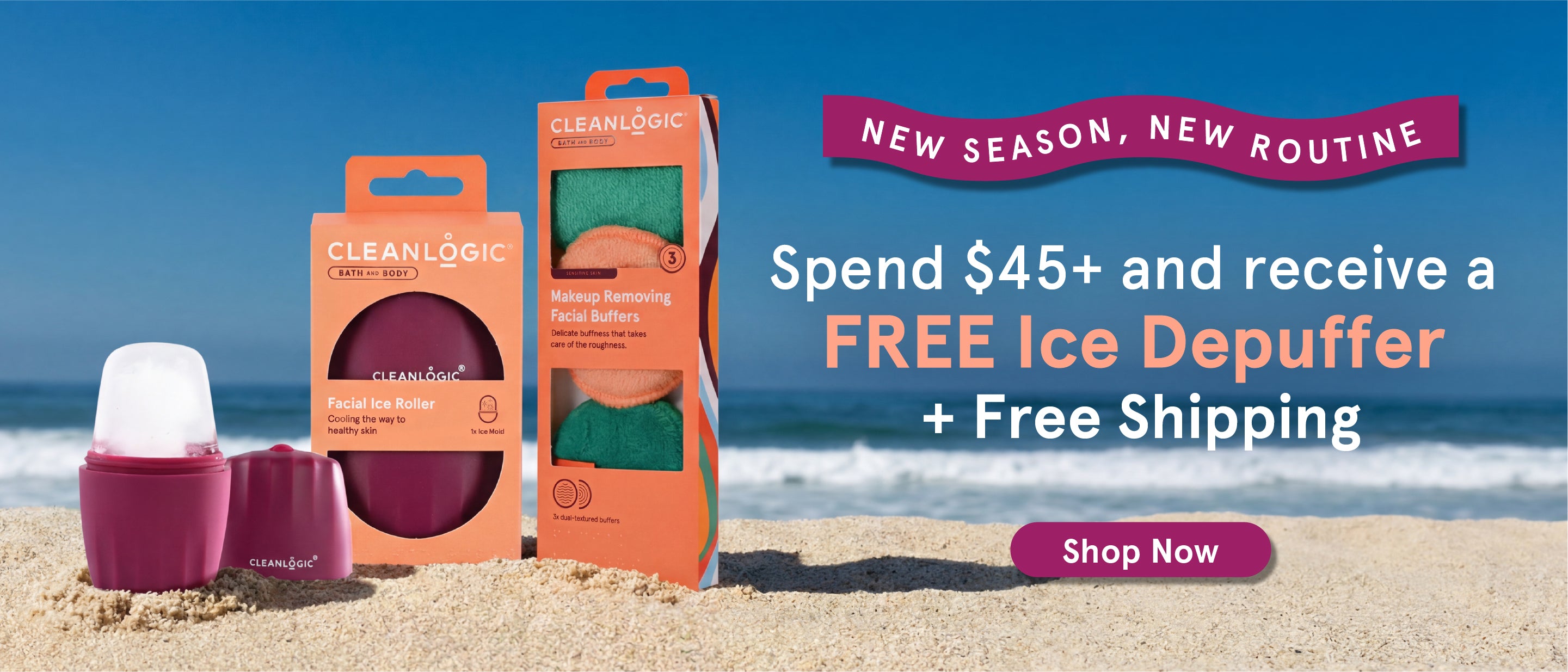 Promotional banner for Cleanlogic products on a beach with promotional text.
