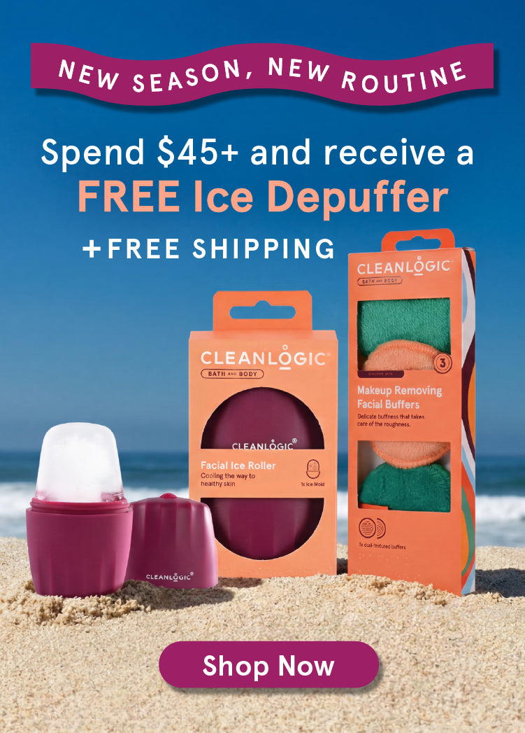 Promotional advertisement for Cleanlogic skincare products with a beach background.