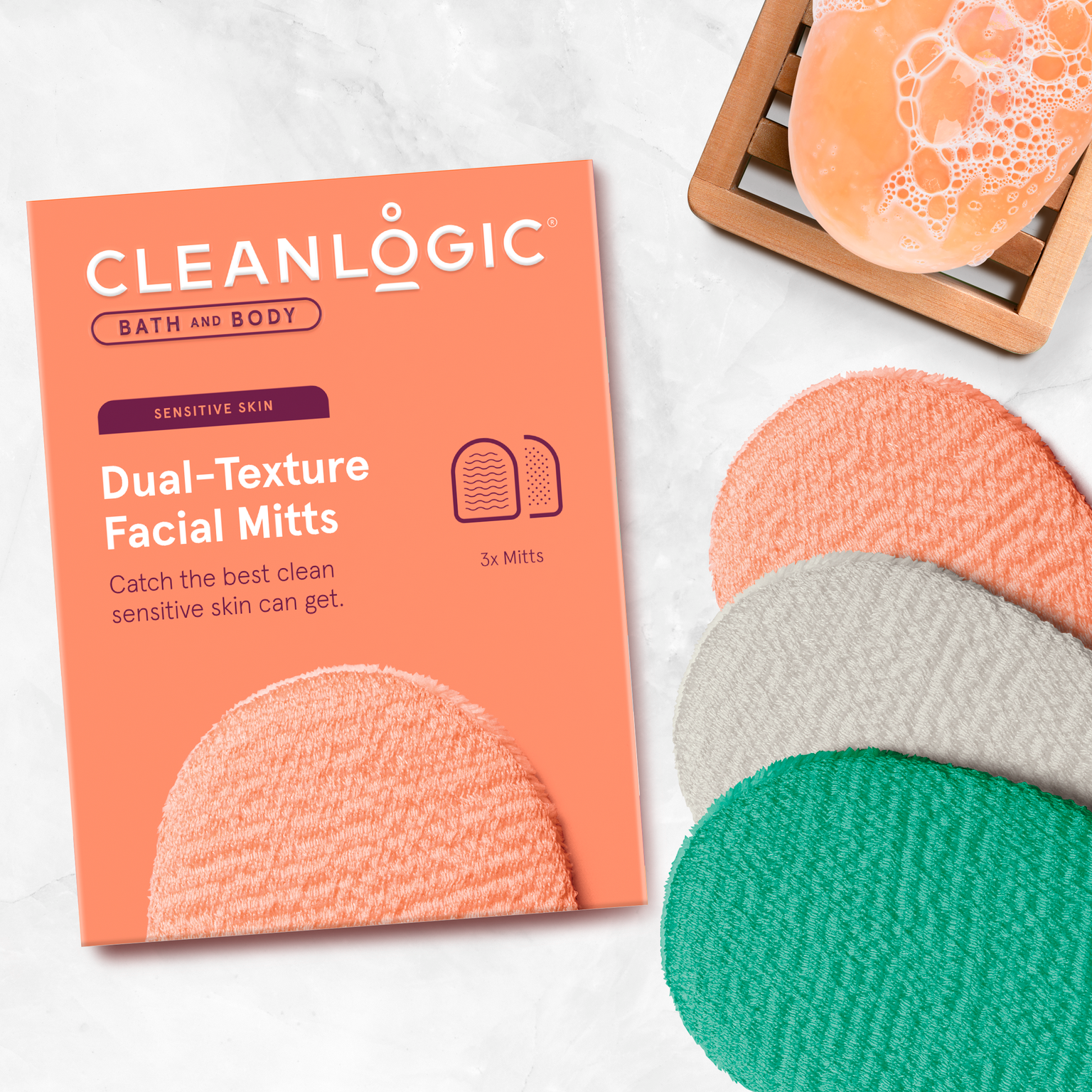 Bath and Body Sensitive Skin Dual-Texture Facial Mitts, Assorted Colors, 3 Count